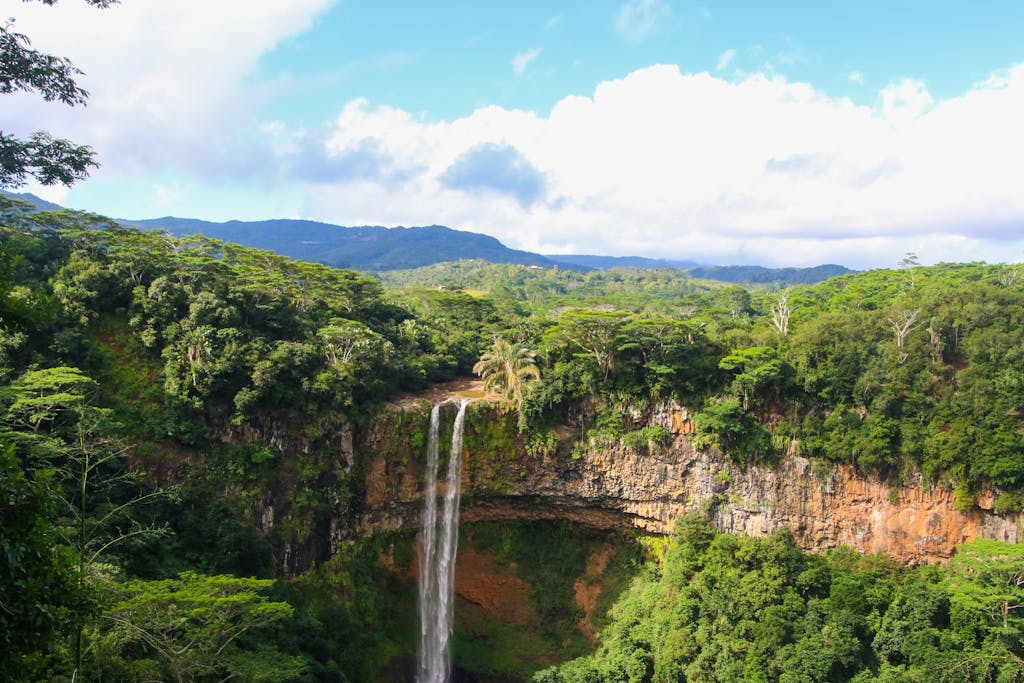 a breathtaking view of a waterfall cascading through a vibrant rainforest landscape under a bright blue sky. 1189479 A breathtaking view of a waterfall cascading through a vibrant rainforest landscape under a bright blue sky.